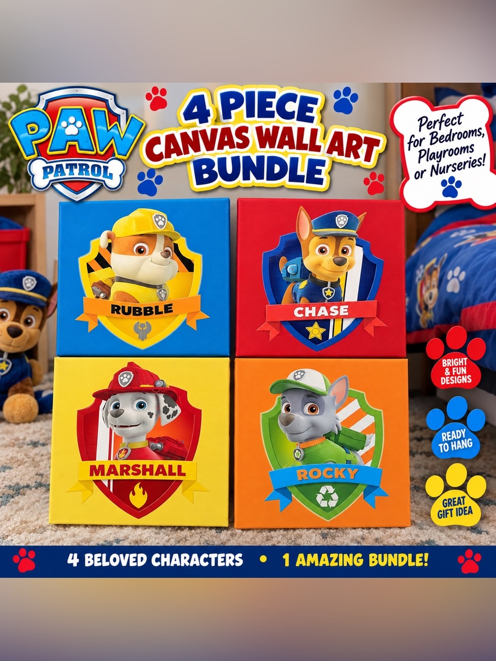 Paw Patrol 4-Piece Canvas Wall Art Bundle - Red, Blue, Yellow, Orange